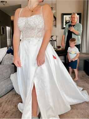 Embellished Illusion Bodice Satin Wedding Gown - White